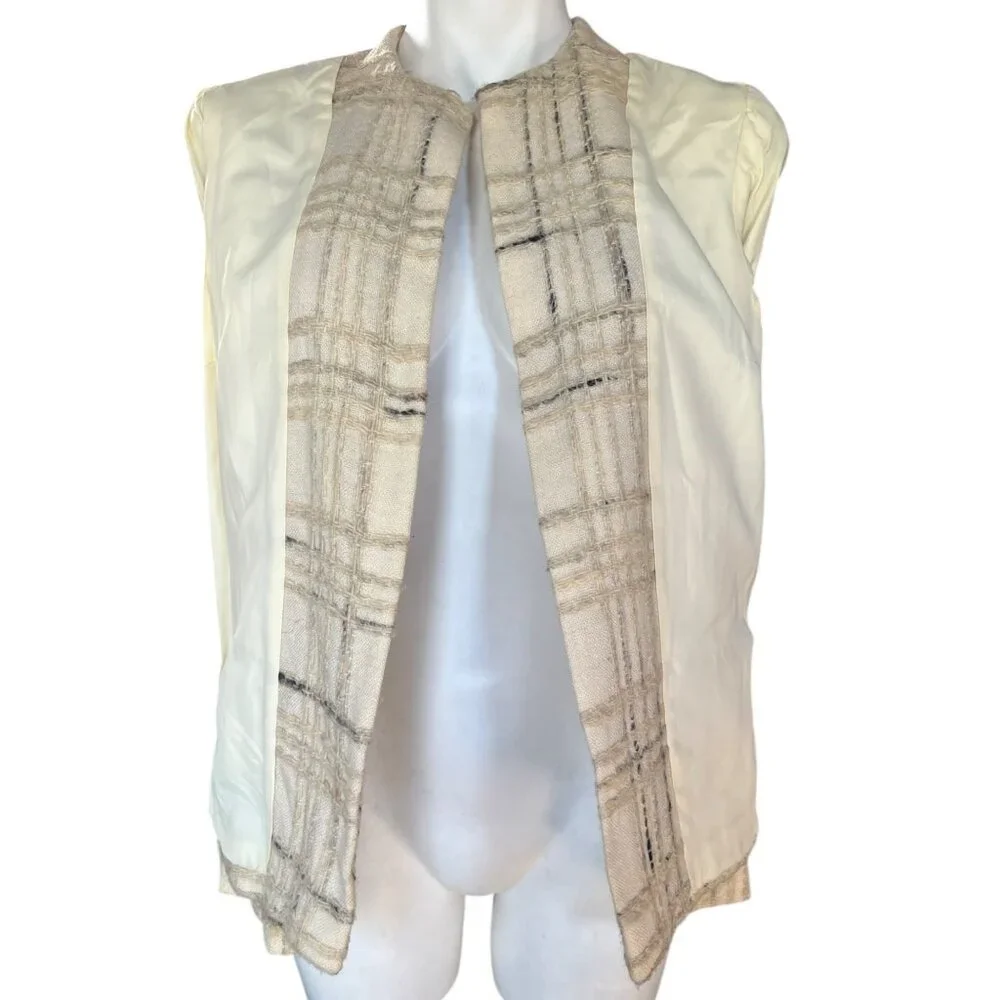 I Magnin & Co Cream & Black Plaid Wool Womens Tweed Blazer Jacket With Front Poc - Picture 7 of 9